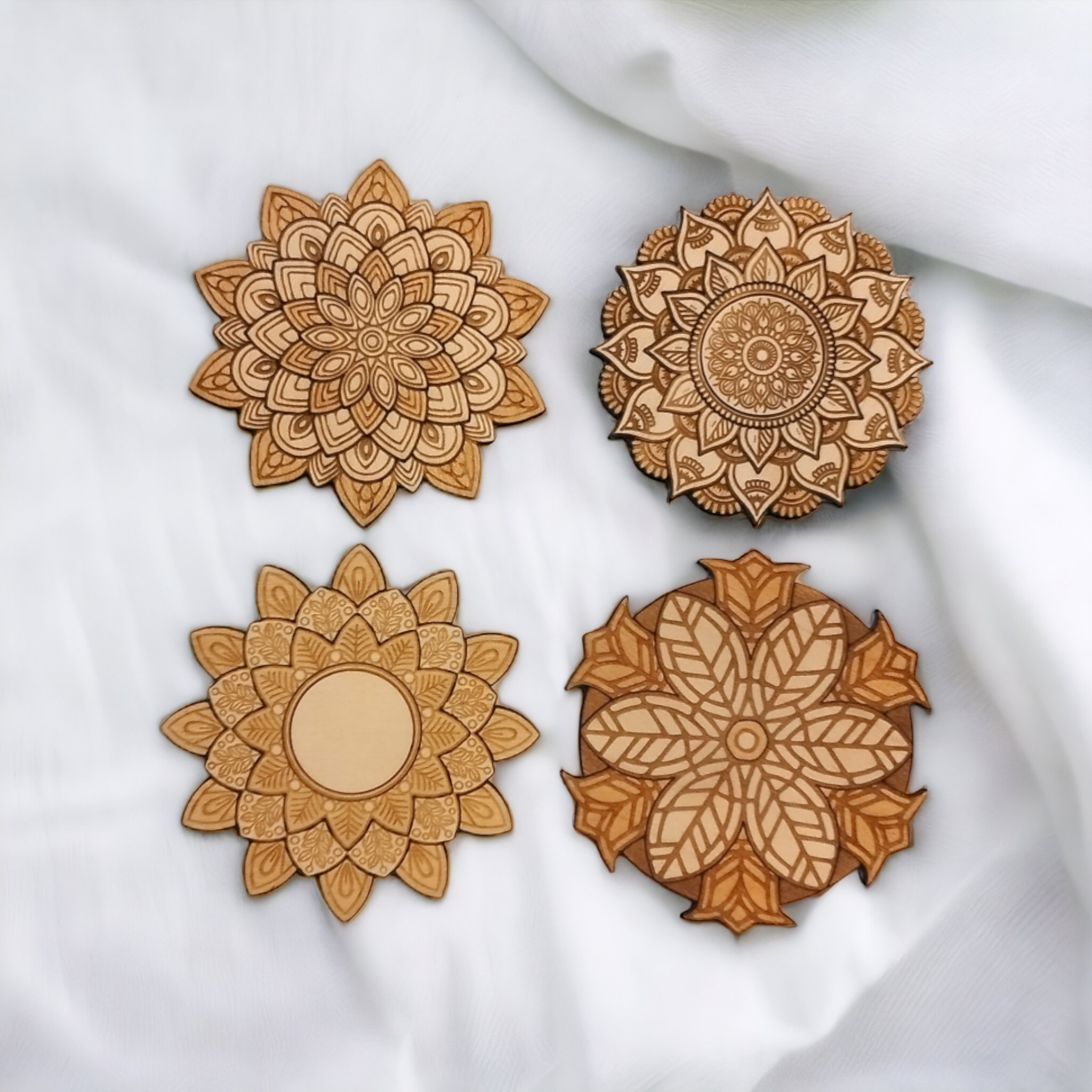 Set of 4 Laser-Etched Natural Wood Mandala Coasters