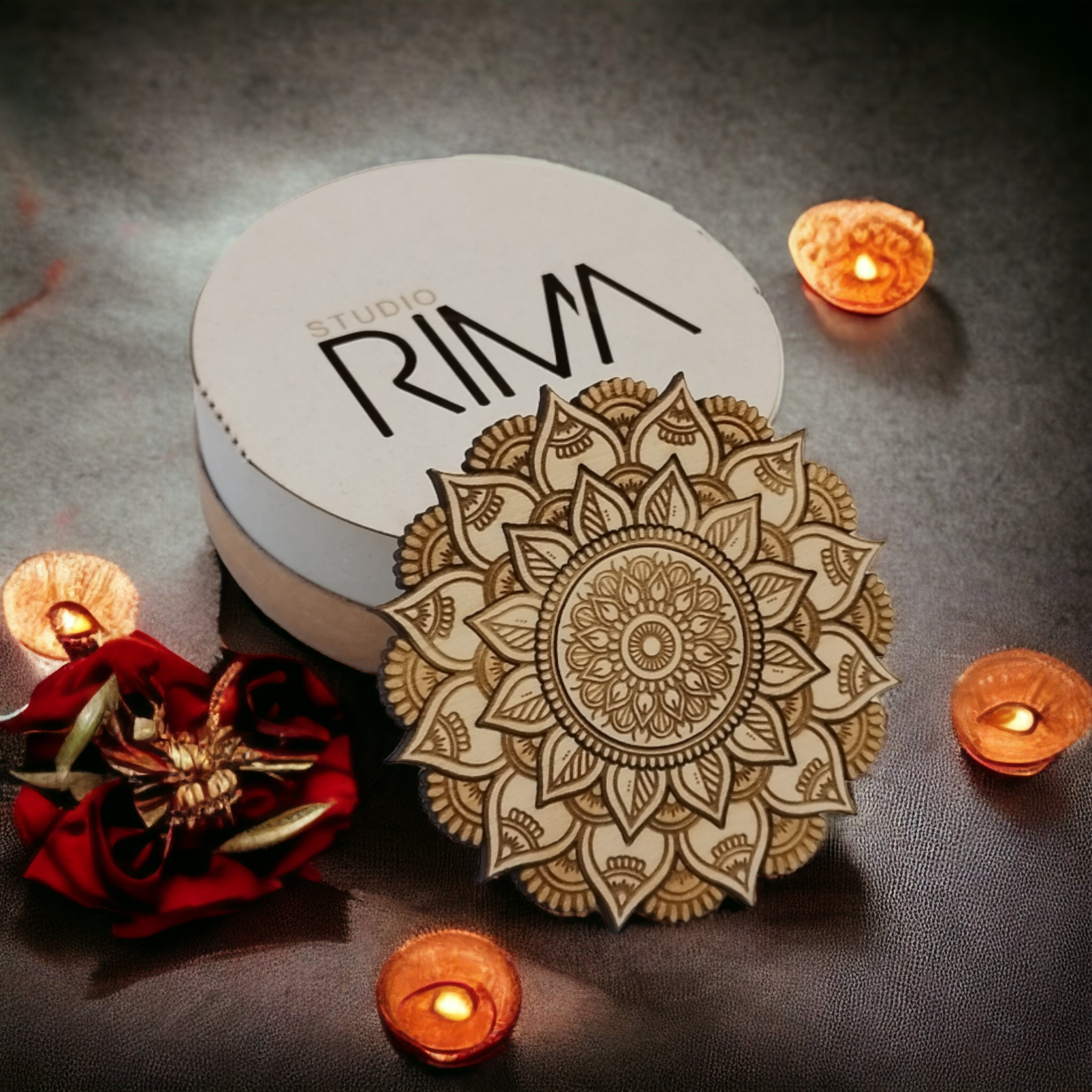 Set of 4 Laser-Etched Natural Wood Mandala Coasters