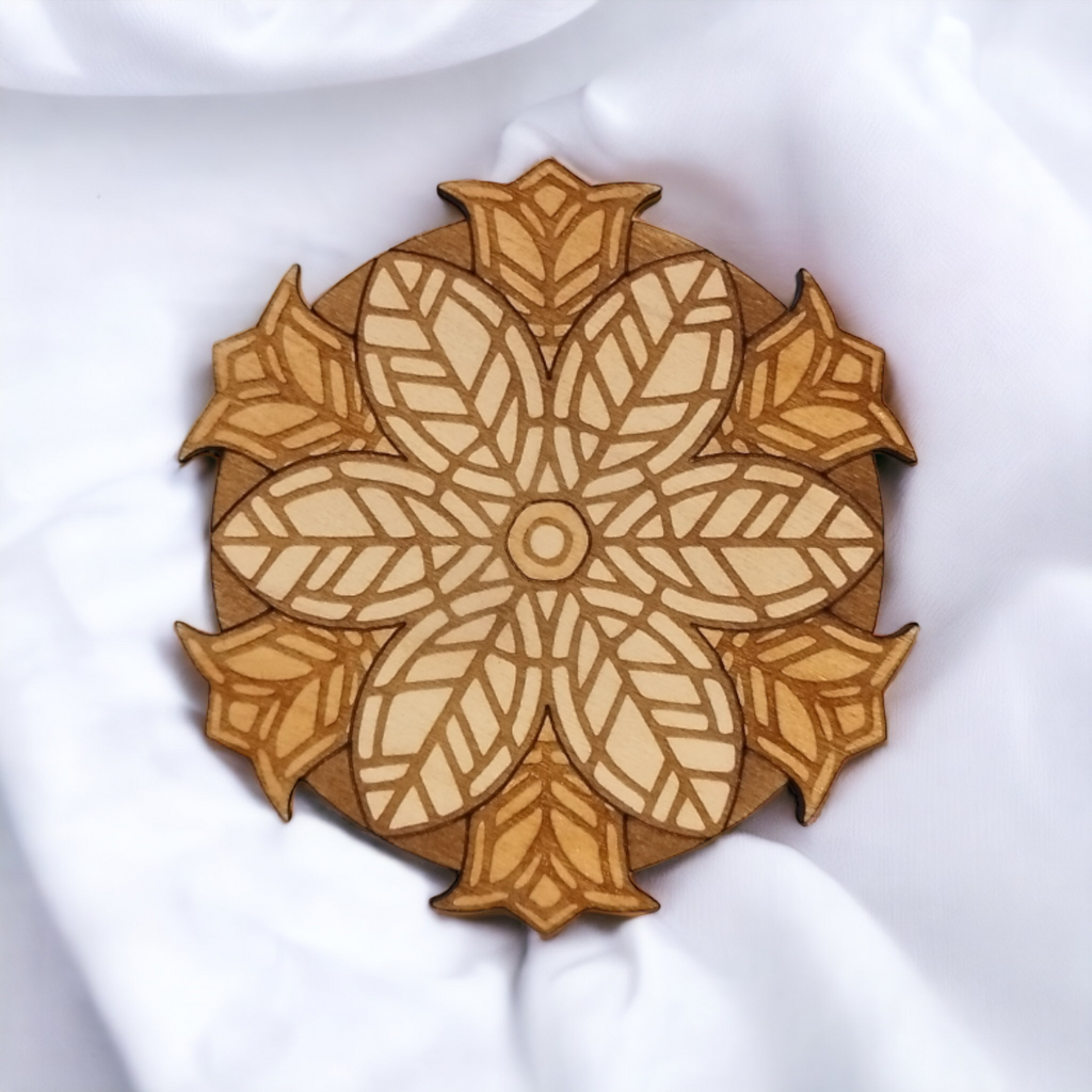 Set of 4 Laser-Etched Natural Wood Mandala Coasters