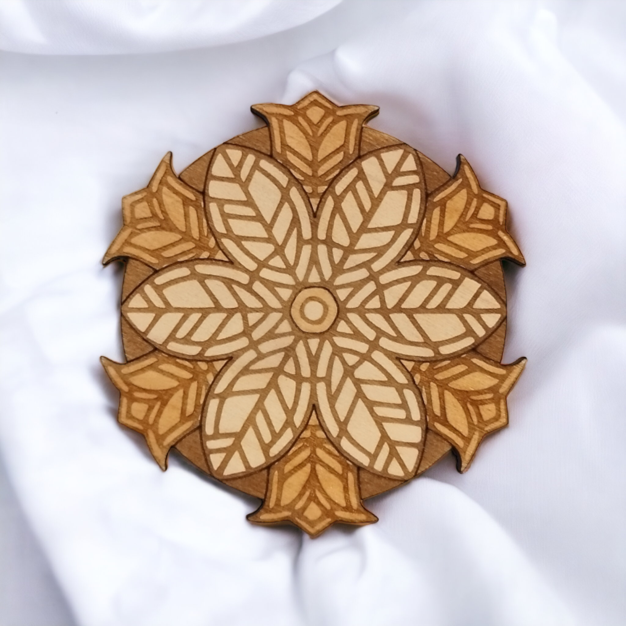 Set of 4 Laser-Etched Natural Wood Mandala Coasters