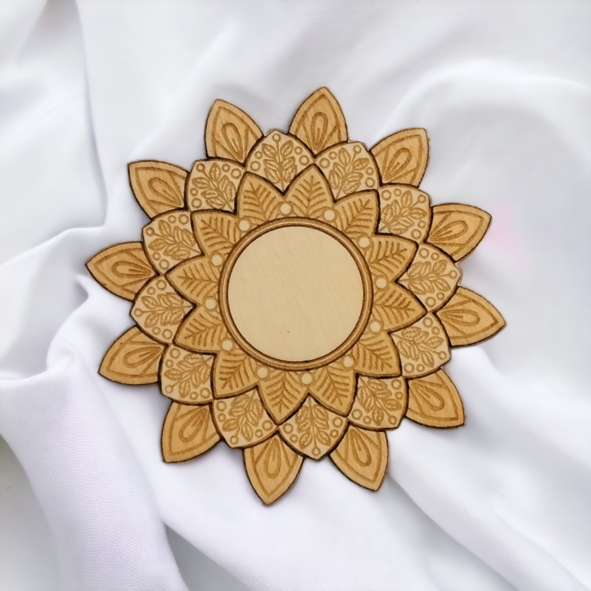 Set of 4 Laser-Etched Natural Wood Mandala Coasters