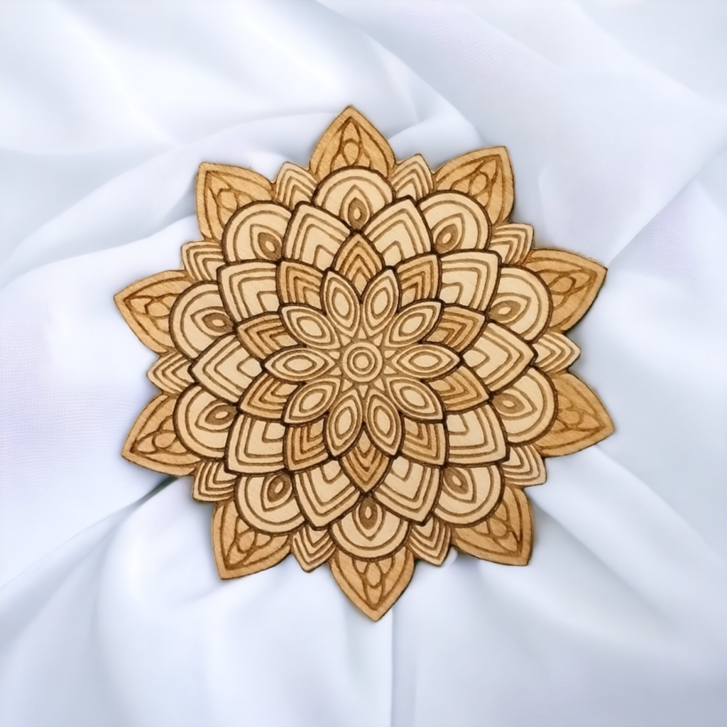 Set of 4 Laser-Etched Natural Wood Mandala Coasters