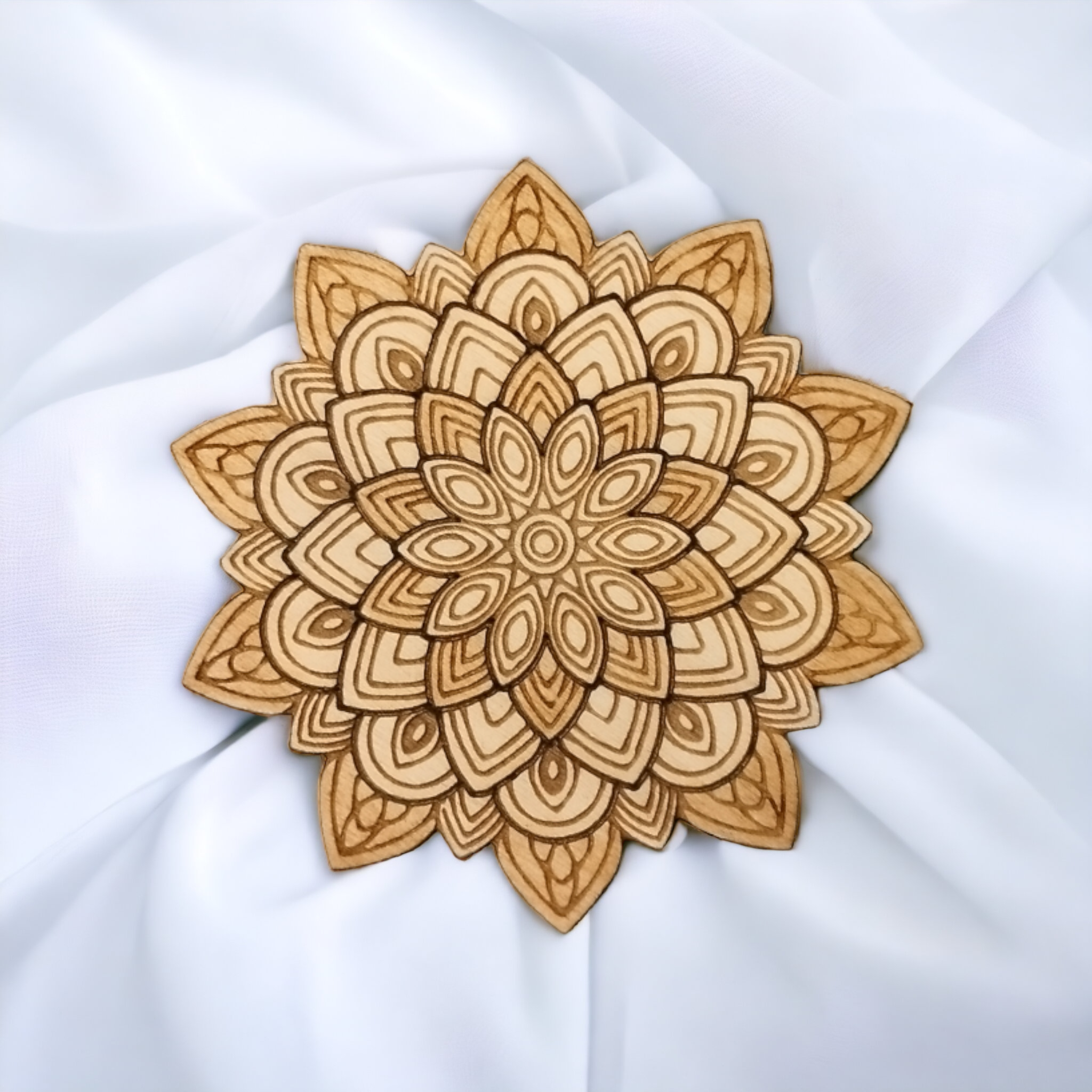 Set of 4 Laser-Etched Natural Wood Mandala Coasters