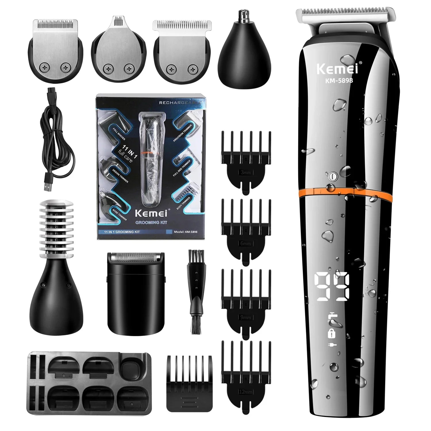 NNEOBA Waterproof 11-in-1 Men's Grooming Kit Cordless Rechargeable Trimmer Black-0